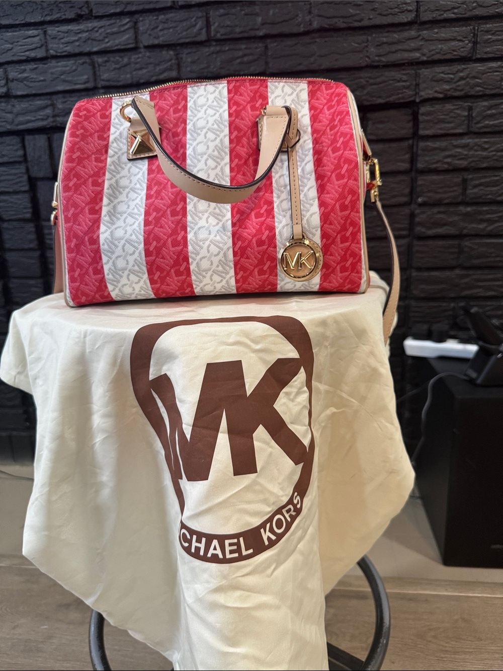 Michael Kors Pink and White Striped Satchel with Gold Hardware